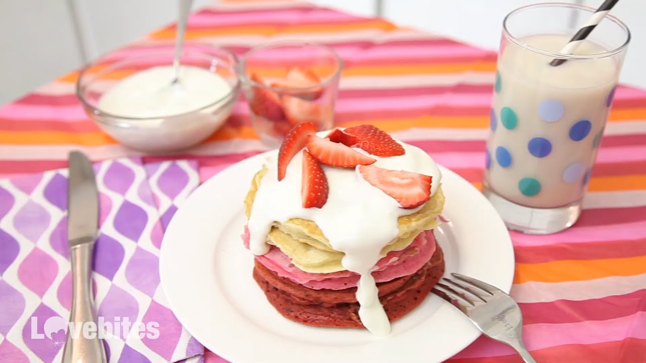 SWEETHEART STACK (RED VELVET, STRAWBERRY & VANILLA PANCAKES WITH CREAM CHEESE FROSTING)