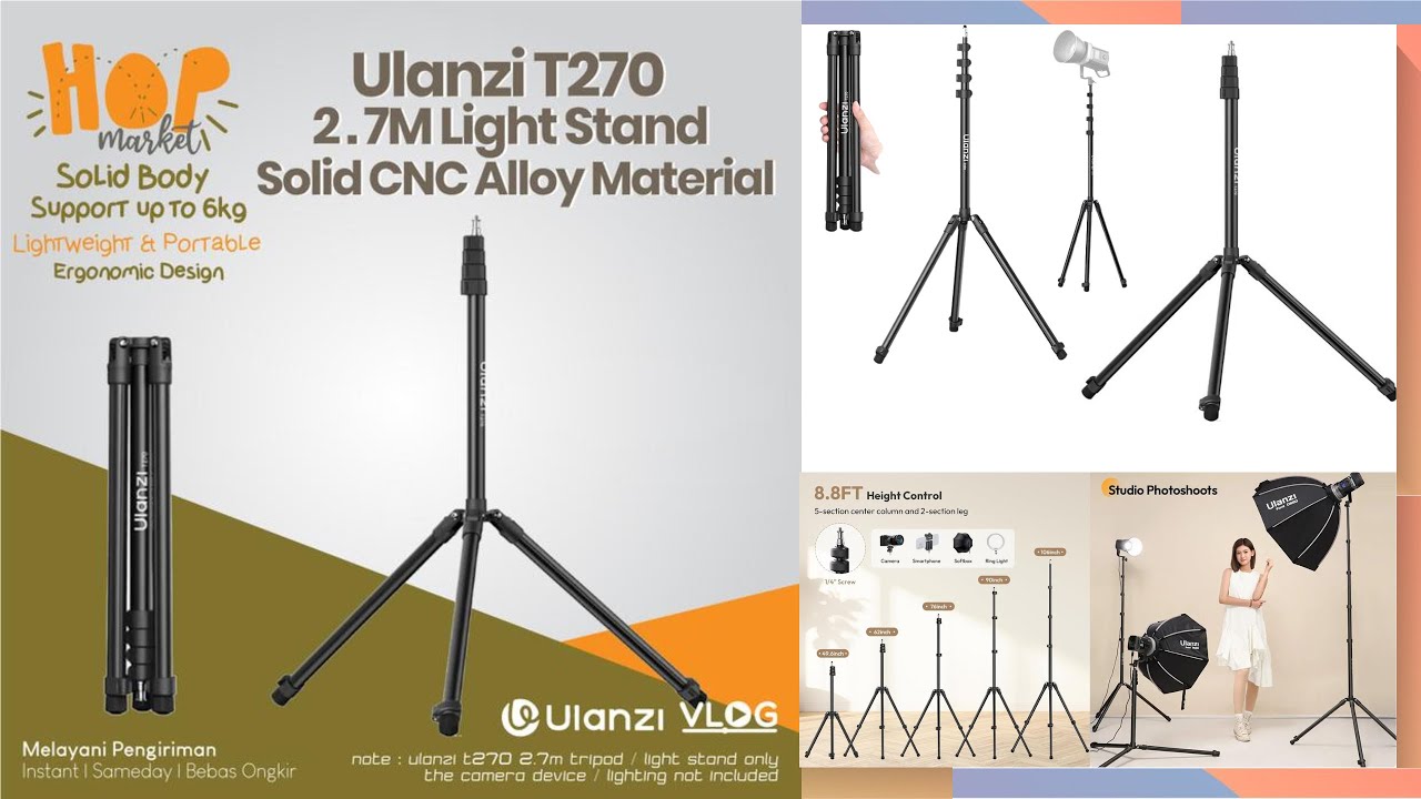 ULANZI T270 Premium Light Stand Tripod for Studio Lighting/LED Video Reflector (Aluminum Alloy 2.7m)