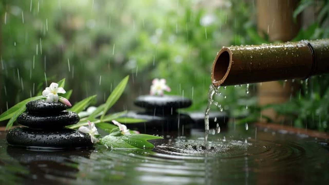 Relaxing Music Piano & Rain on Bamboo Water Fountain - Deep Sleep, Insomnia, Anxiety & Depression