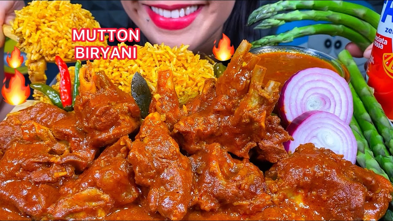 ASMR SPICY MUTTON BIRYANI, MUTTON CURRY, CHILI, ONION, ASPARAGUS MUKBANG MASSIVE Eating Sounds