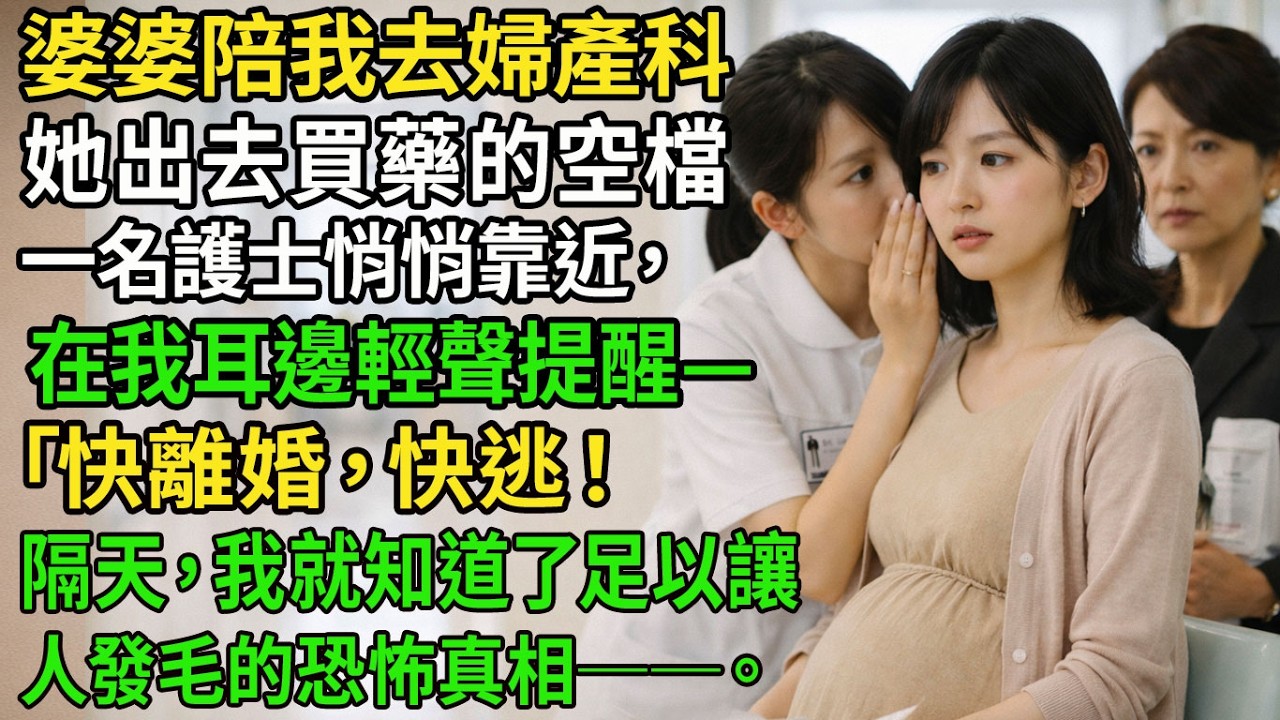婆婆陪我去婦產科。她出去買藥的空檔，一名護士悄悄靠近，在我耳邊輕聲提醒—「快離婚，快逃！妳再不走就來不及了！」隔天，我就知道了足以讓人發毛的恐怖真相──。