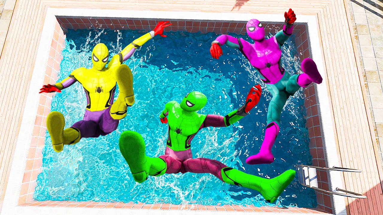 GTA 5 Rainbow  Yellow Vs Green & Red Spiderman Jumping Into Pool (Euphoria Physics/Ragdolls) #1