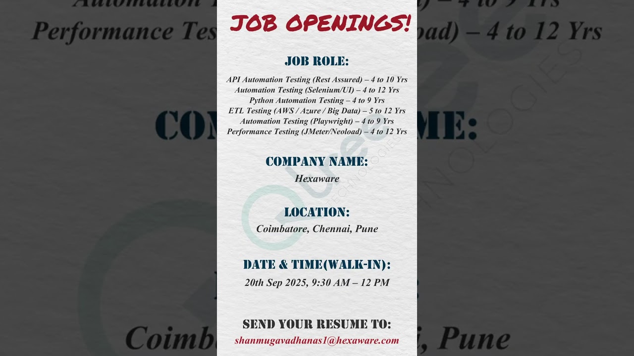 Hexaware Mega Walk-In Drive | 20 Sept 2025 | Coimbatore, Chennai & Pune | Multiple Testing Roles