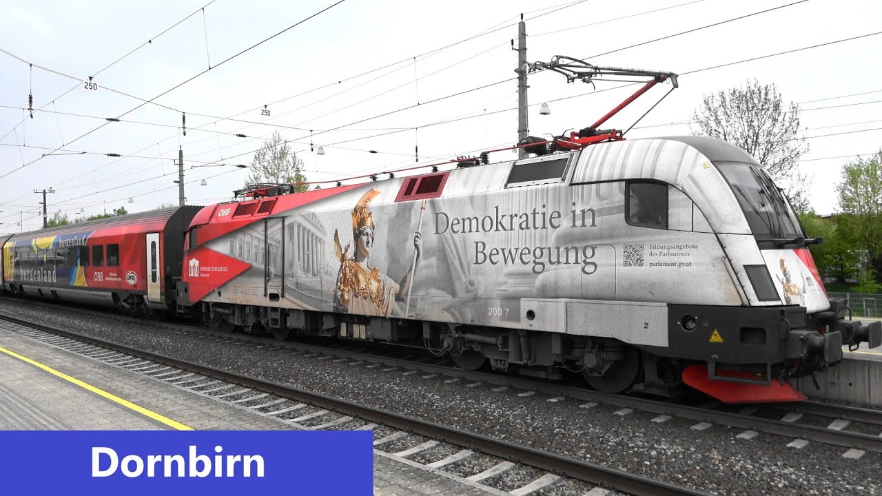 Bahnhof Dornbirn🤩gleich 2 bunte Railjet, Klimajet & ÖFB RJ m. Demokratie-Lok + IC118 Bodensee