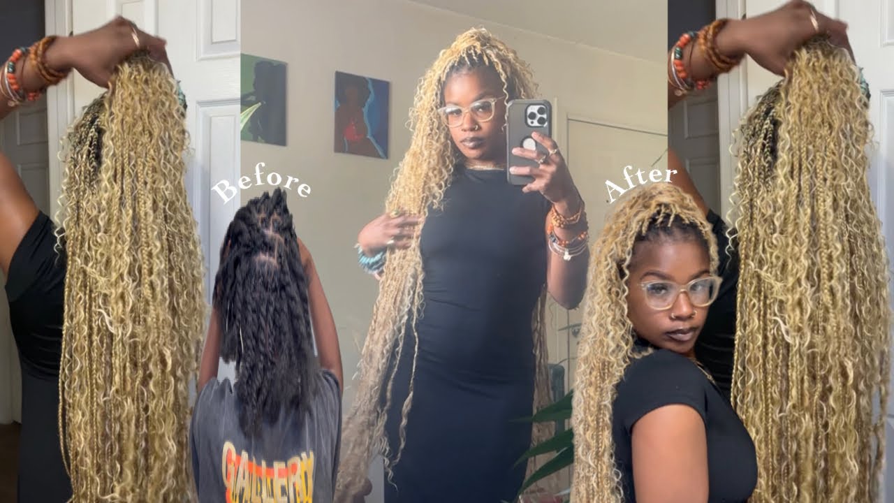 blonde full boho knee length knotless braids w/ human hair