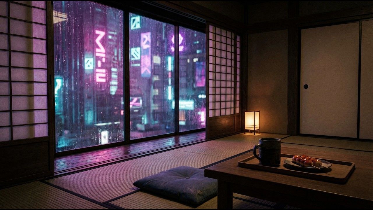 Rainy Cyberpunk Tatami Room 🌧️ | Japanese Rain Ambience — Rain Sounds Only, No Music | 4K
