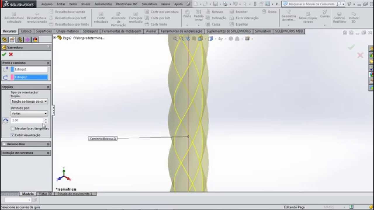 Aula 122 - Criando Cabo de aço - Solidworks - Marcelo Pereira
