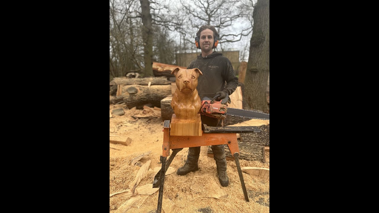 AMAZING CHAINSAW Wood Carving, Staffordshire Bull Terrier