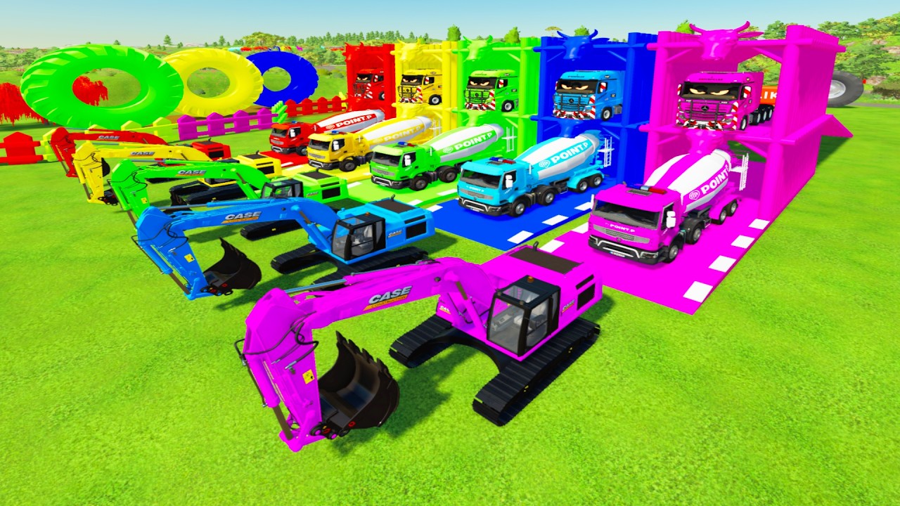 Colorful trucks -COLORFUL CASE EXCAVATOR, MIXER CEMENT TRUCK TRANSPORTING WITH FLATBED TRUCK #fs22