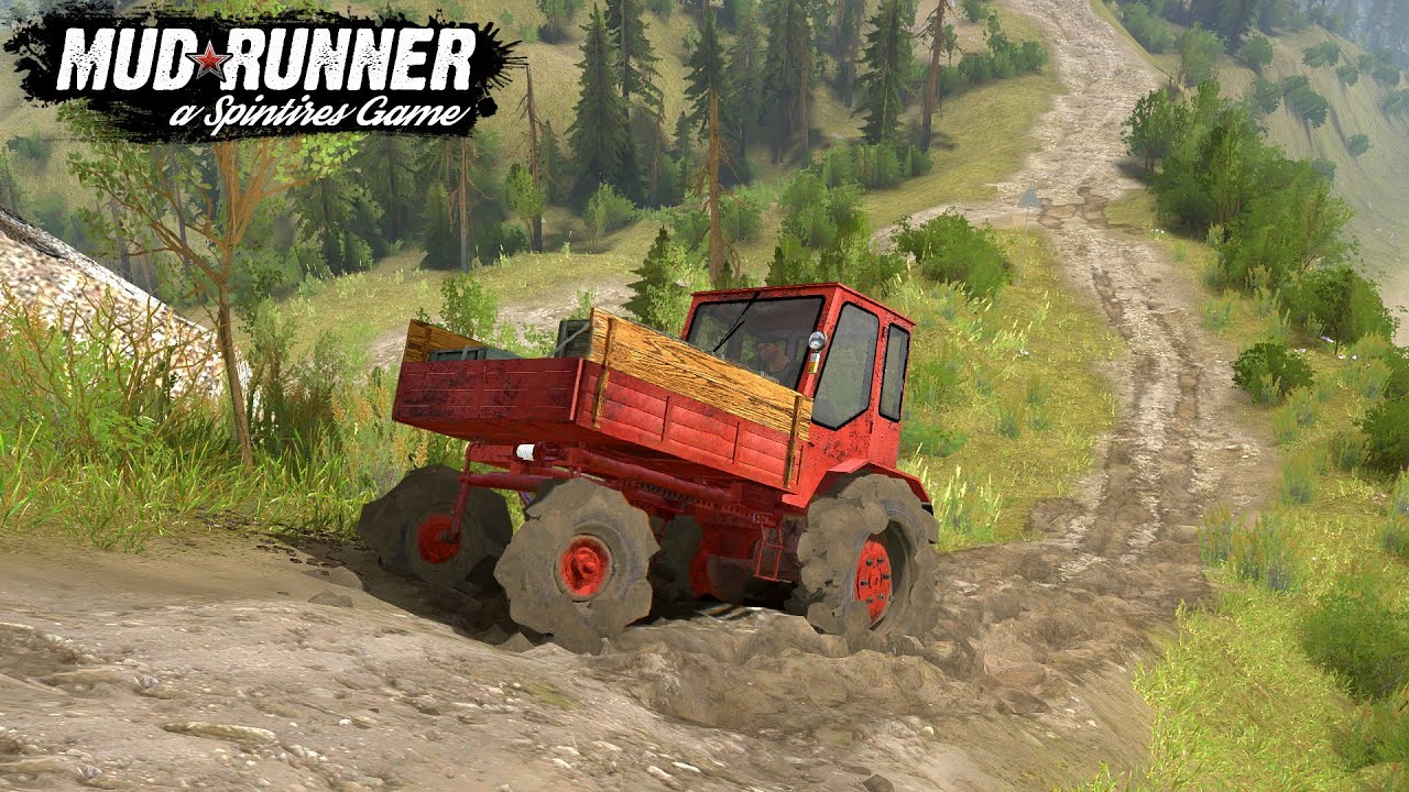 Spintires MudRunner - T 16 An Old Tractor Drives Up A Muddy Hill