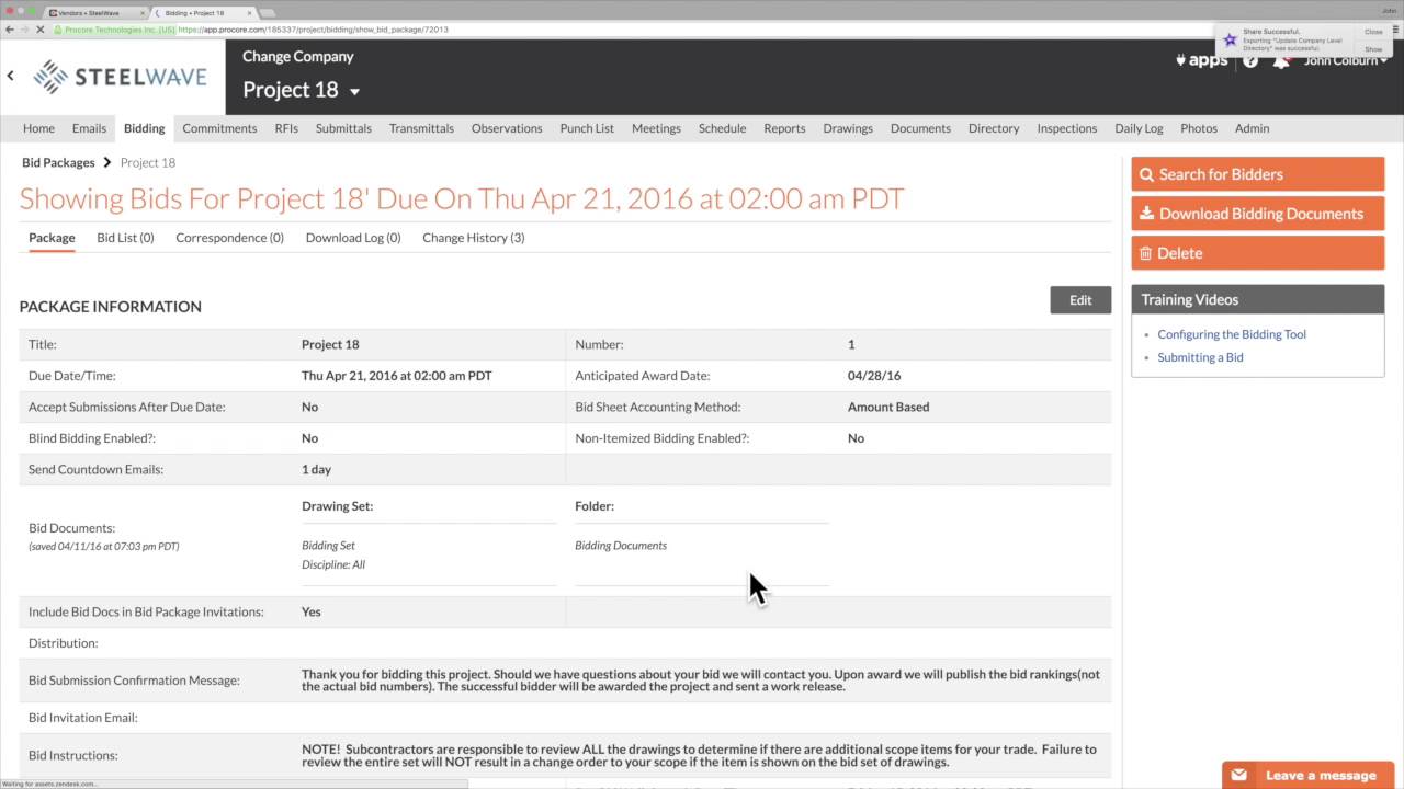Procore Training 2.3 - Creating & Distributing a Bid Package