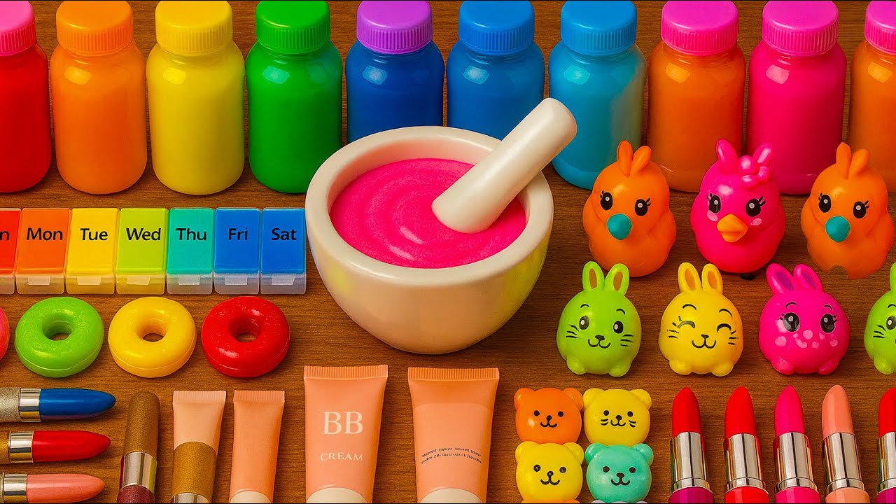 فيديو مرضي DIY سلايم ASMR | مزج مستحضرات التجميل اللامعة وأحمر الشفاه في سلايم قوس قزح