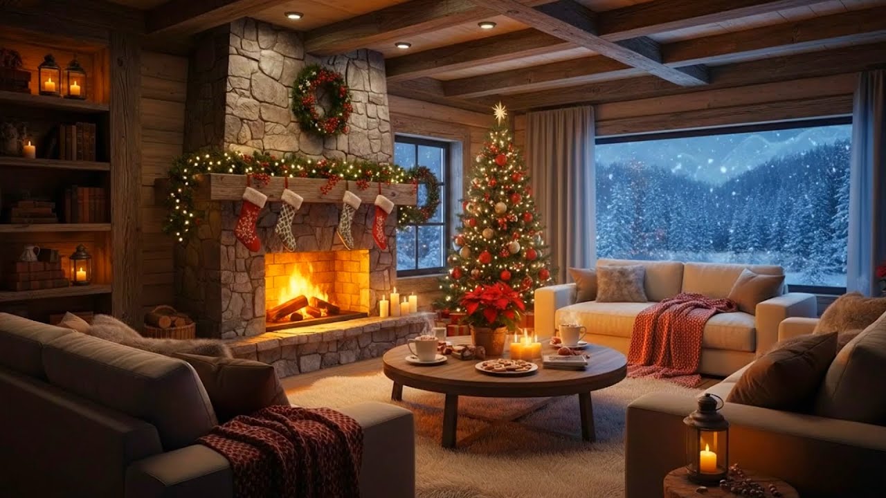Cozy Cabin Christmas Ambience & Smooth Jazz 🎄 Instrumental Holiday Music with Crackling Fireplace 🔥