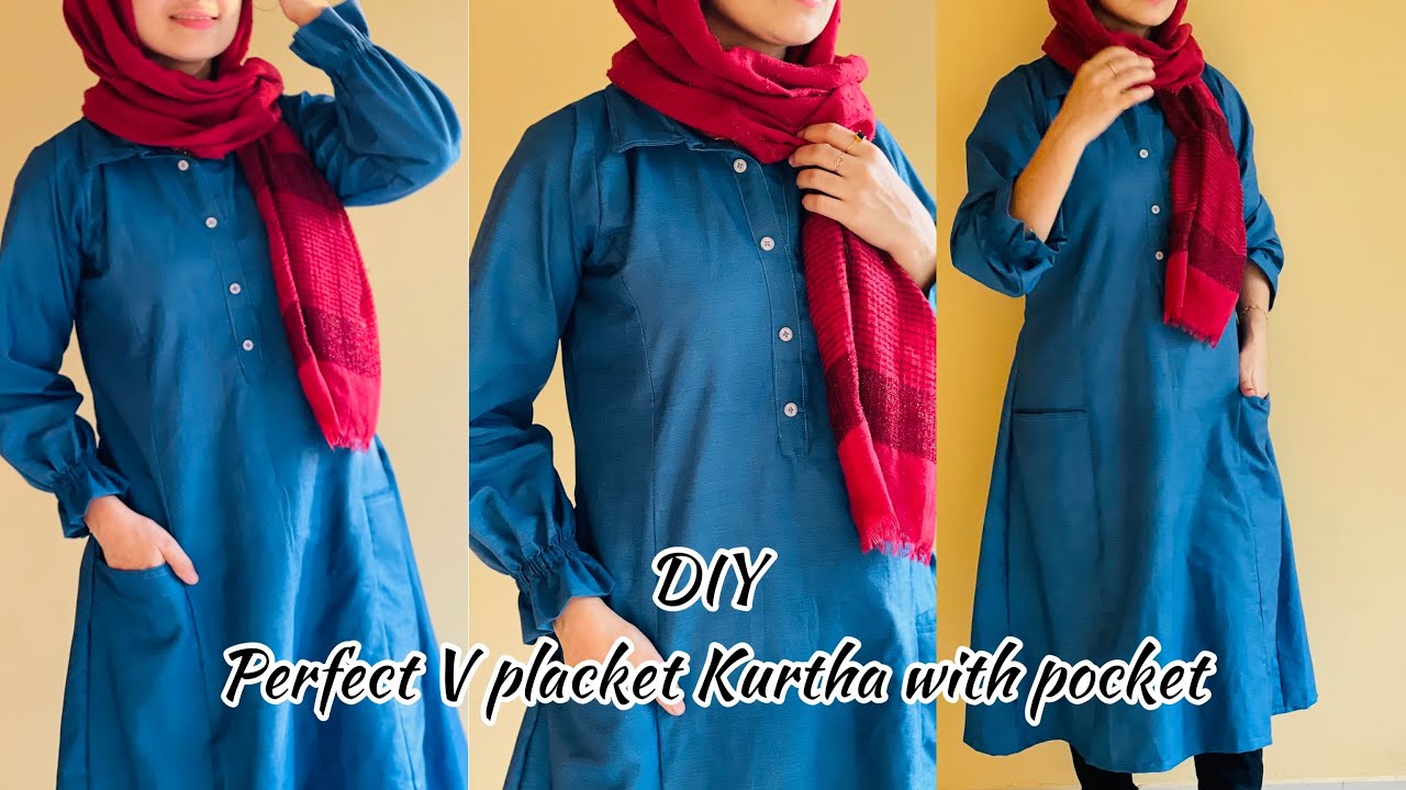 DIY : Easy placket neck Kurtha with front pocket/ collar neck Kurtha/V placket neck design