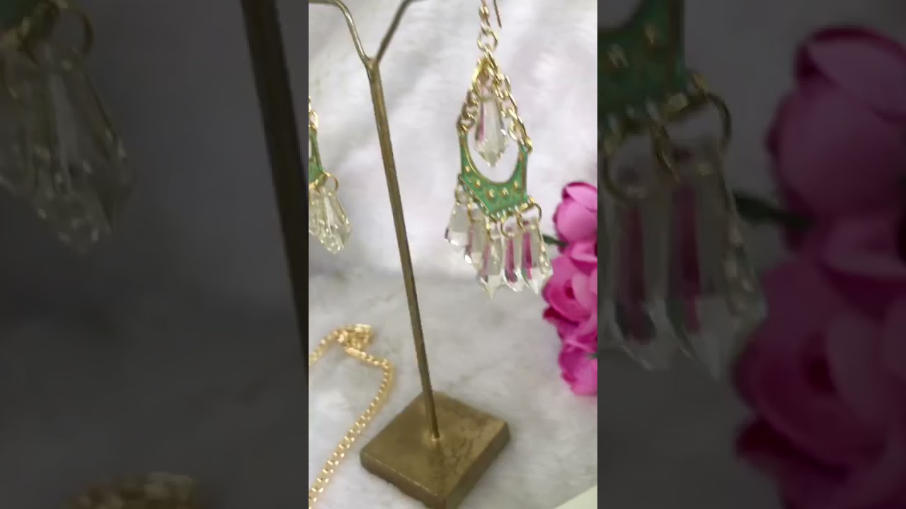 Swarovski Glass Crystal with&nbsp; chained Brass Teal Metal Earrings