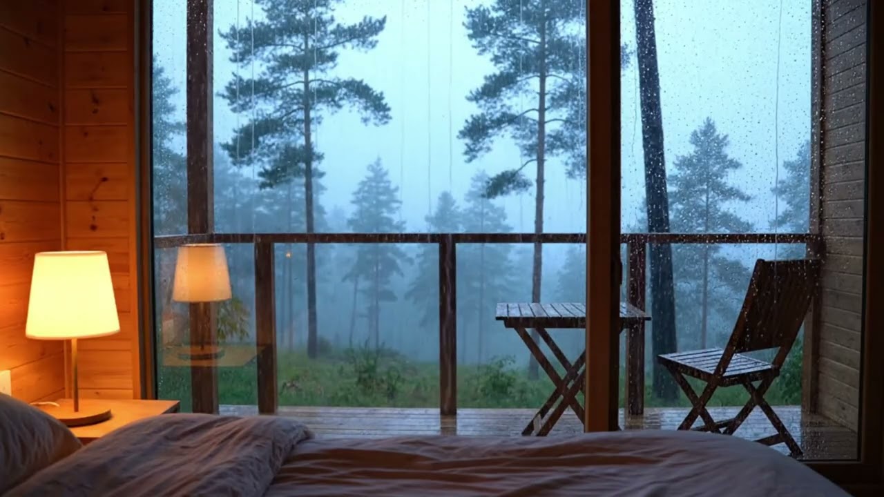 Cozy Rainy Night in a Wooden Cabin Fireplace & Forest Sounds ASMR for Sleep & Study