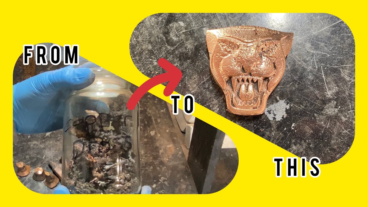 Melting Copper Dross and sand casting a jaguar car badge