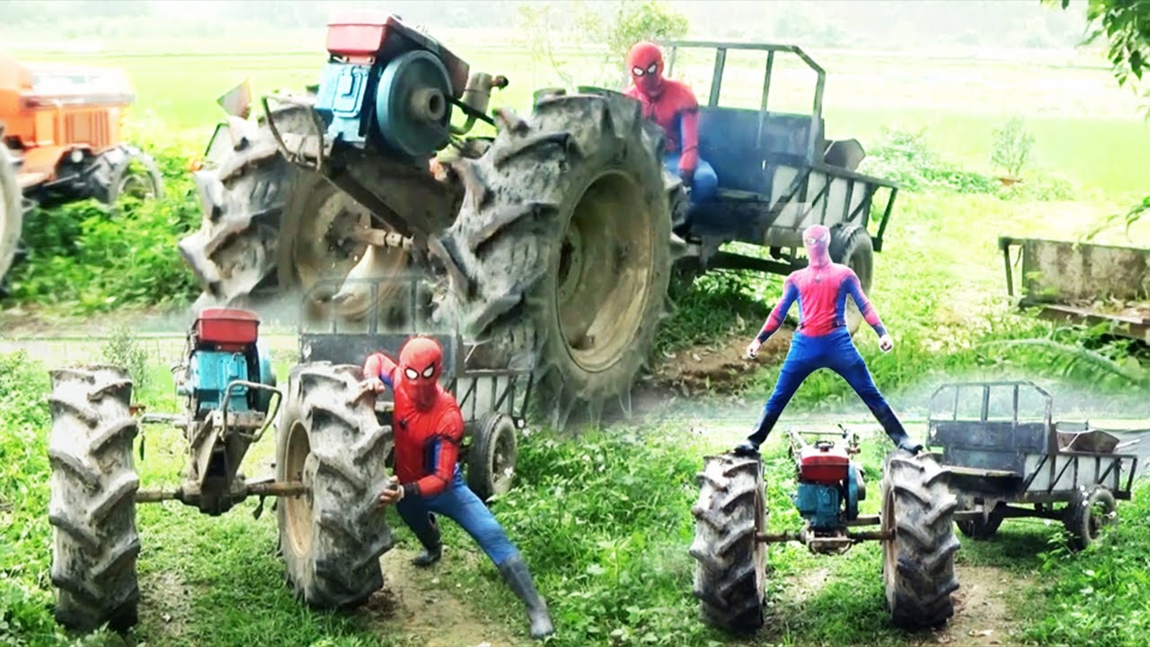 SUPER HERO | Spider-man drives a tractor with huge tires uphill