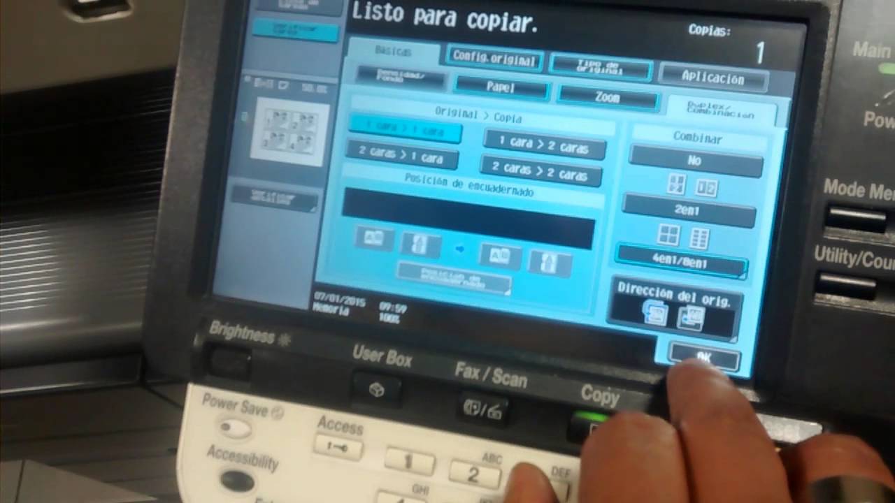 configurar una copiadora konica minolta  bh501 para sacar copias a doble cara (credenciales)
