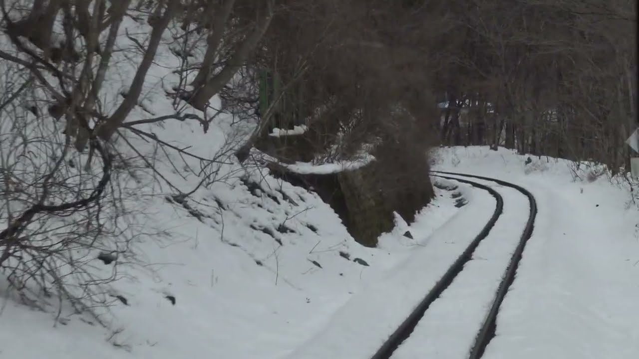 雪が積った冬の山田線 北上山地の山岳区間 陸中川井駅～箱石駅間を走行するキハ110系の前面展望