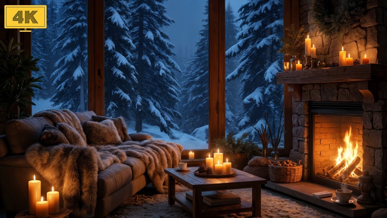 Snowy Forest Cottage Night ❄️ Violin Music & Cozy Crackling Fireplace for Relax & Concentration