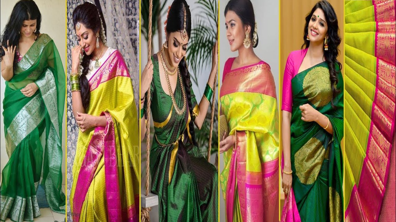 Green Colour silk Saree, Parrot Green,Bottle Green,Dark Green,Emerald Green Kanchipuram Green Saree