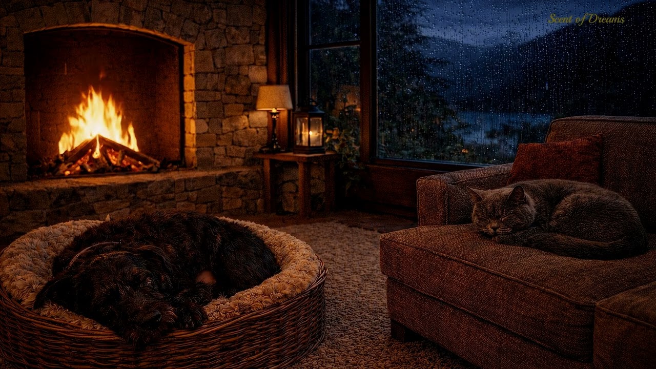 8H Luna & Kira  Cozy Rainy Cabin Fireplace | No Ads