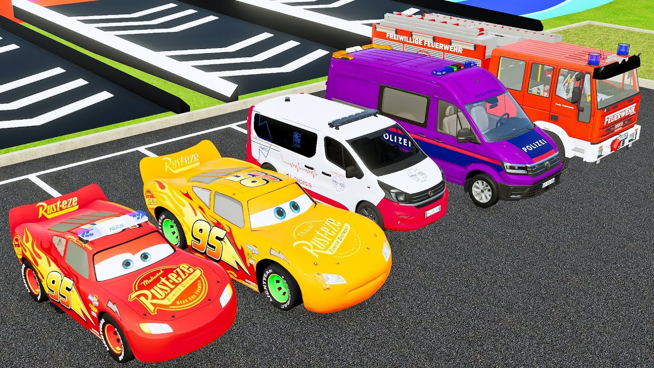 DACIA, MCQUEEN CAR, FORD POLICE CARS, AMBULANCE EMERGENCY TRANSPORTING WITH TRUCKS ! FS22 0128 as