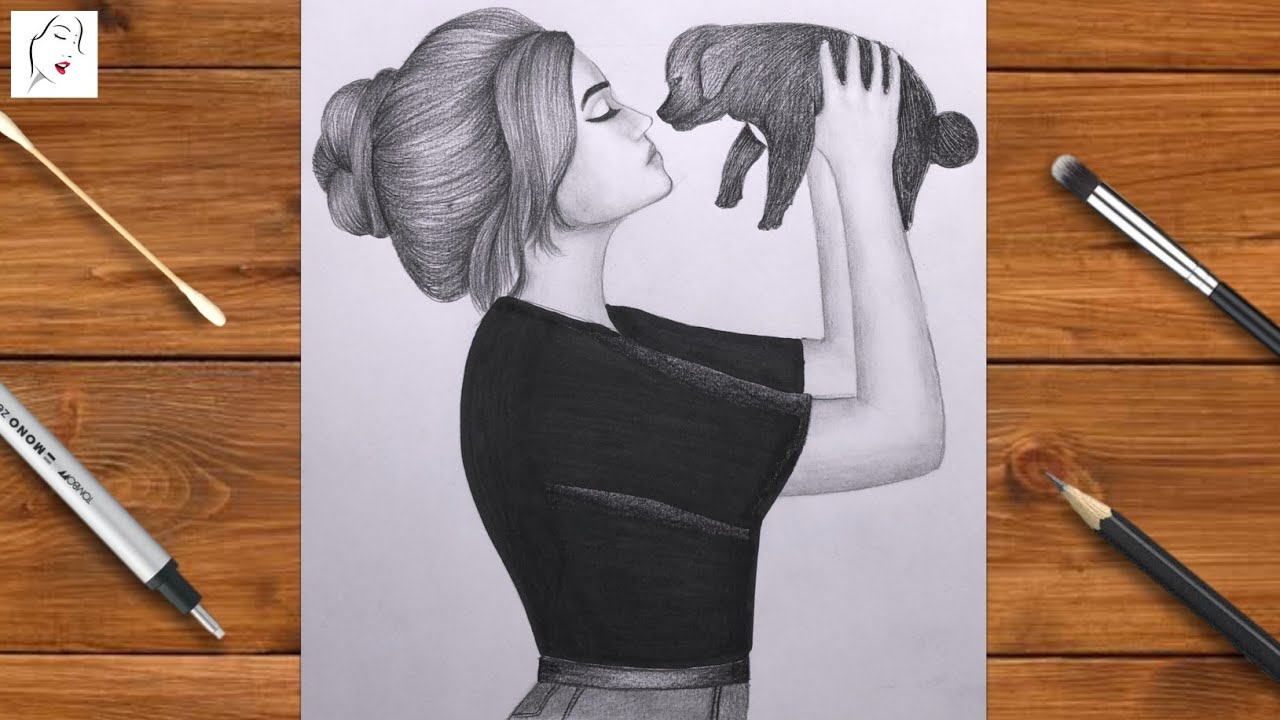 How to Draw a Cute Girl with Playing Her Dog easy | Girl Drawing | Pencil Sketch | The Crazy Sketch