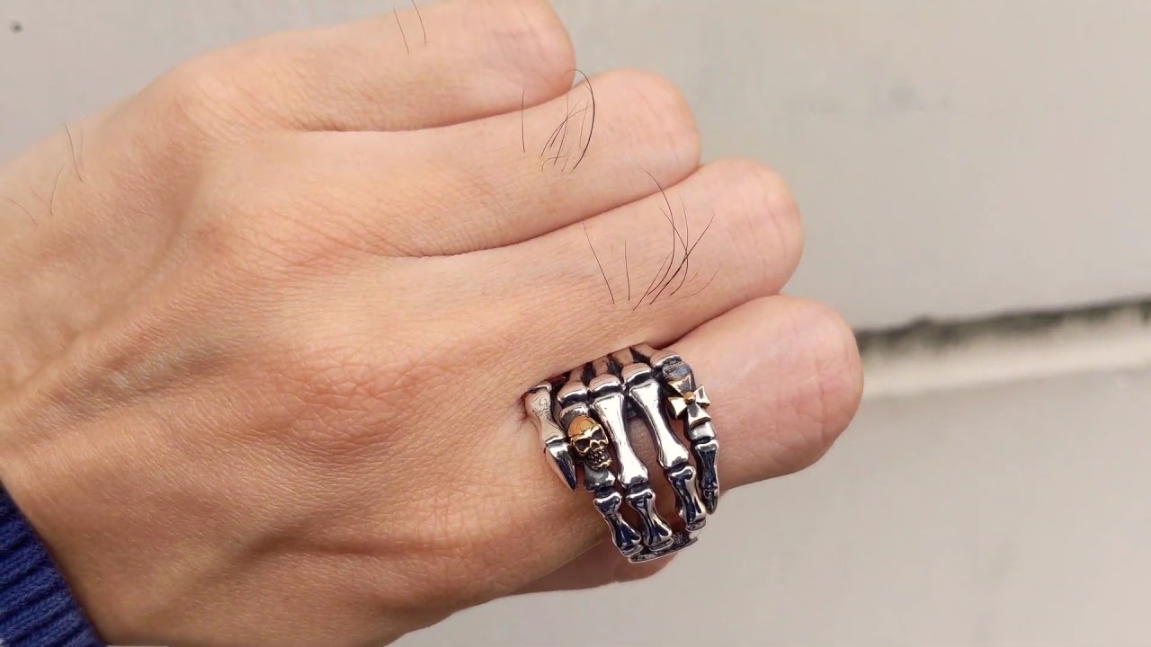 Silver Skull Skeleton Hand Mens Gothic Ring