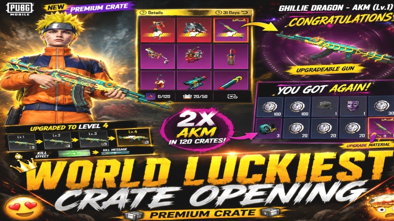 WORLD LUCKIEST PREMIUM CRATE OPENING 😱 2X Upgradeable AKM in 120 Crates 🔥 Level 4 Ghillie Dragon AKM