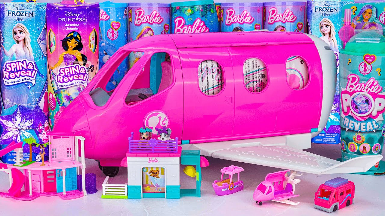 Unboxing Disney Frozen and Barbie Doll Toys | Pink Airplane Toy, Disney Princess Spin & Reveal Toys