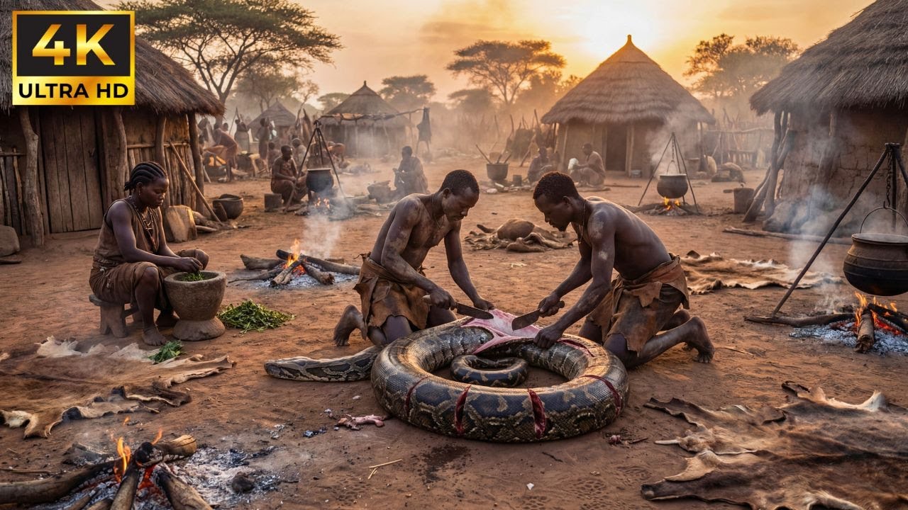 Sobrevivência Real na África: Povo Hadzabe Caça Pitón Gigante e Alimentam a Tribo Toda