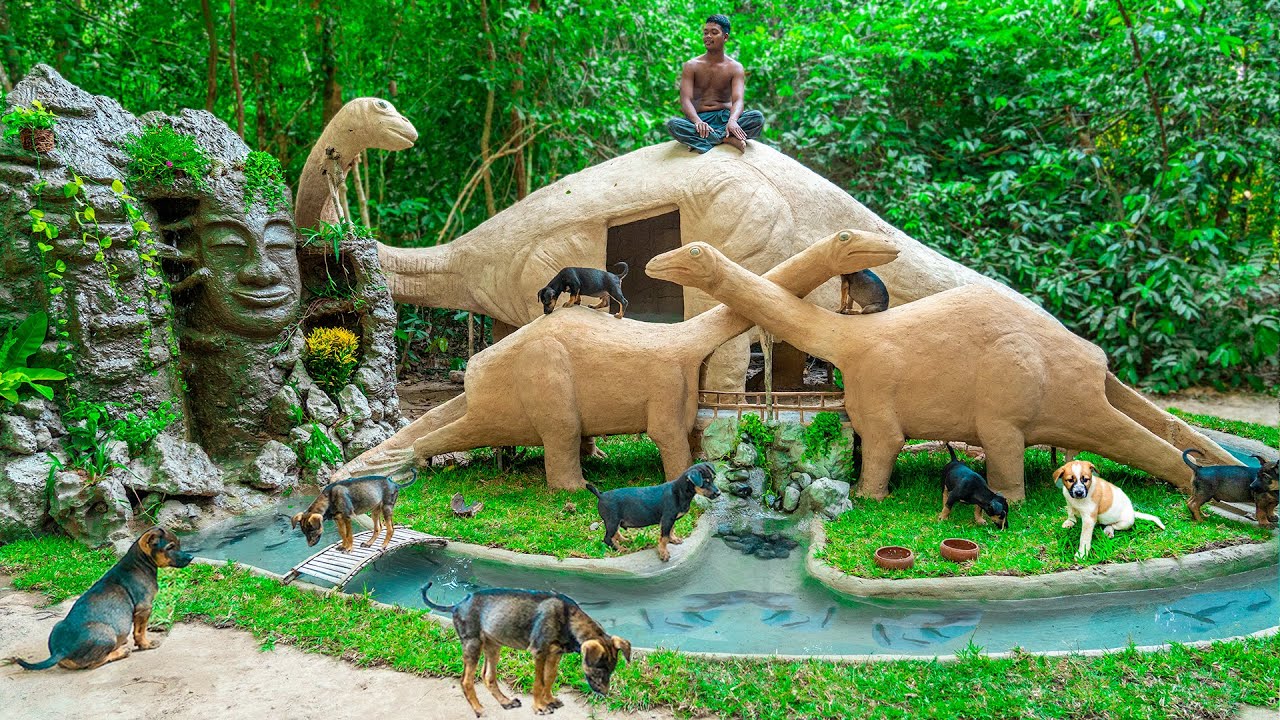 HANDMADE Building Dinosaur Mud House Dog And Waterfall in Jurassic Park For Rescued Puppy