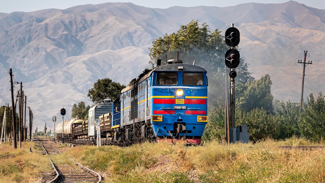 Diesel locomotive 2TE10M-1258 with a freight train passes the Bystrovka railway station.