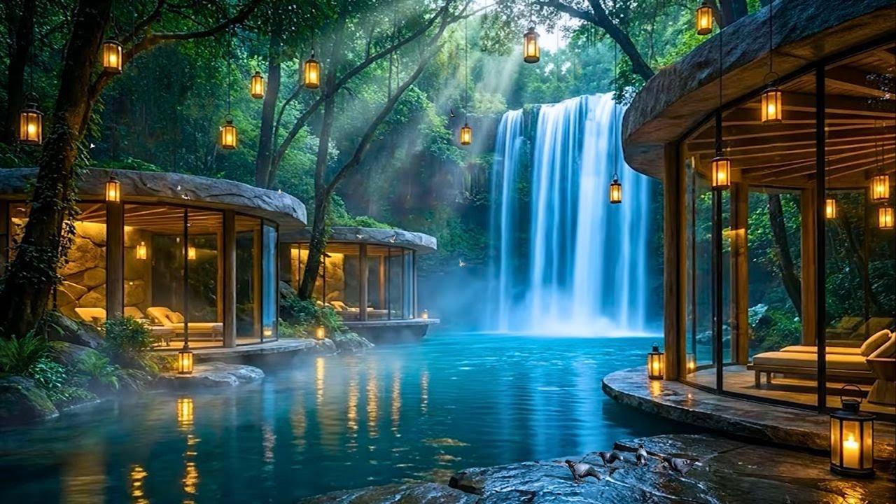Modern Jungle Getaway by the Waterfall | Tranquil Nature Ambience