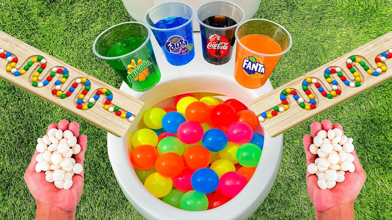 Marble Run Race ASMR - Colorful Balls VS Coca Cola, Fanta, Mirinda and Mentos in the toilet