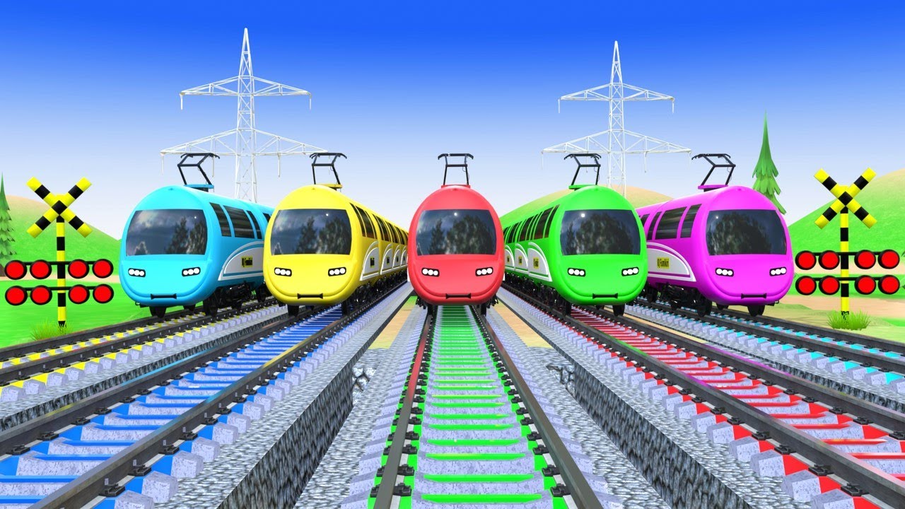 【踏切アニメ】こまる新幹線新着🚍5 TRAIN RAINBOW COLORS🚦Fumikiri 3D Railroad Crossing Animation#train