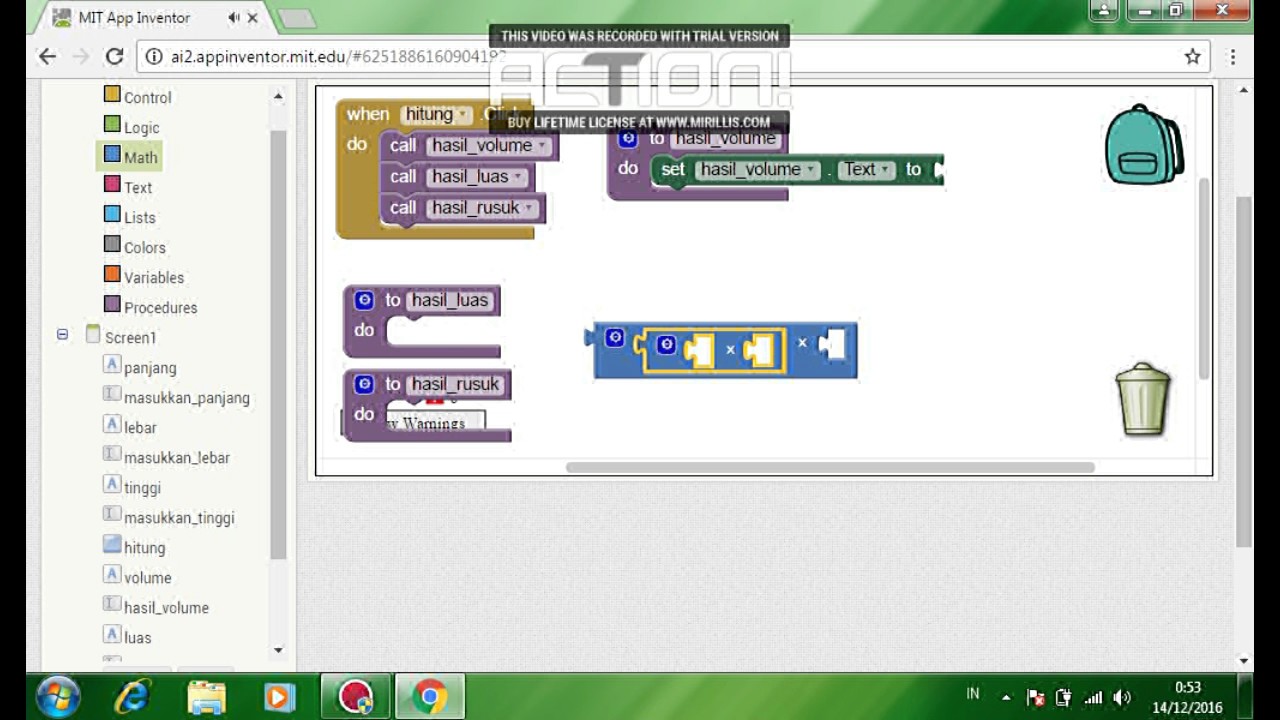 Tutorial MIT APP inventor Menghitung volume luas panjang rusuk dari balok