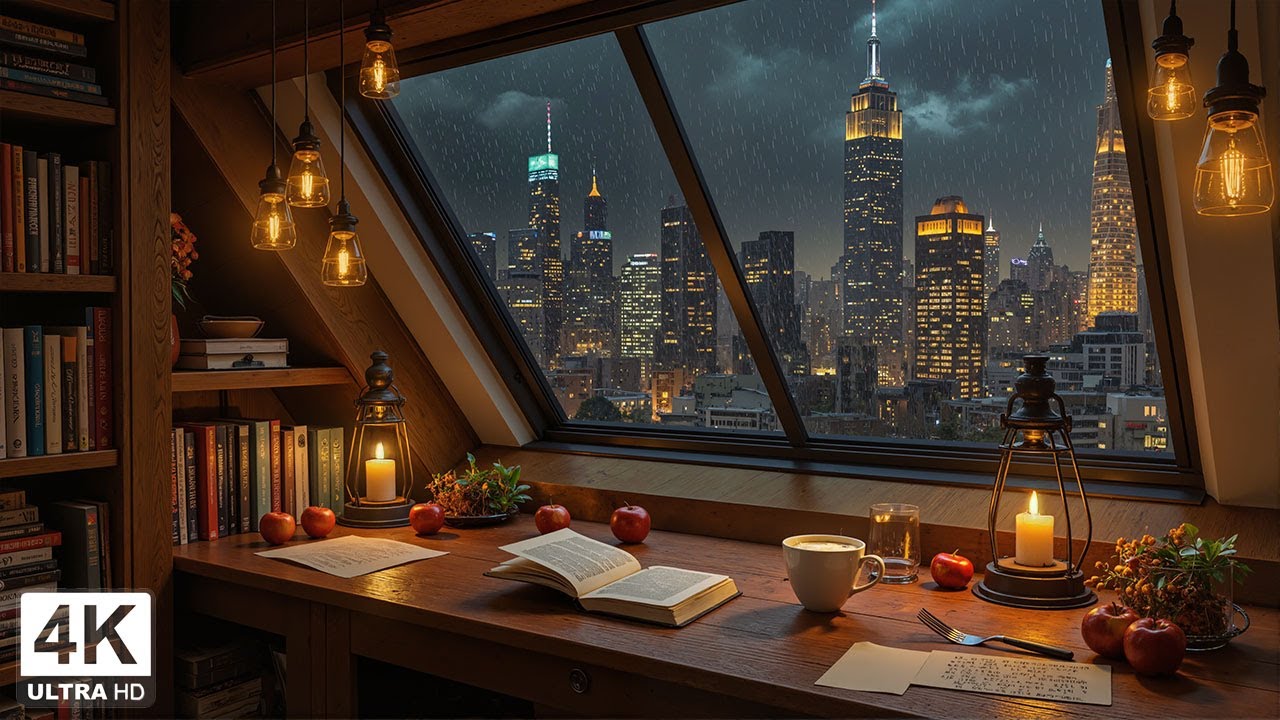 Loft Window View Over Manhattan 🌧️ Gentle Jazz & Rain Sounds for  Reading, Studying, Relaxation