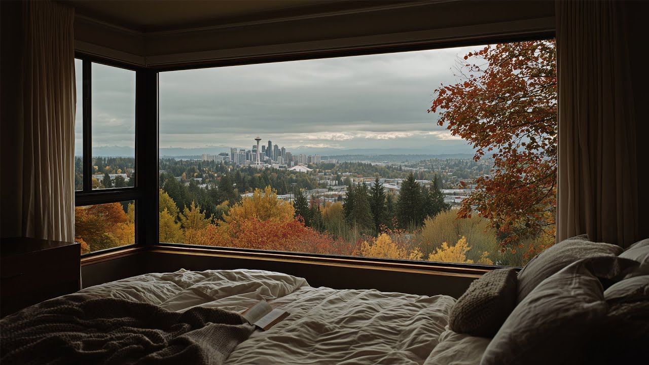 Gloomy Fall Rain With A Distant View Of Seattle🍂🌧️Calm Rain Ambience For Reading, Sleeping, Etc.