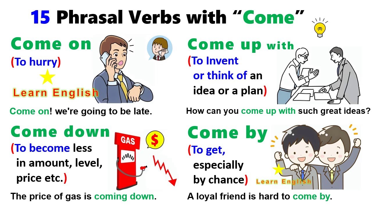 15 Phrasal Verbs with Come: Come on, Come down, Come in, Come up, Come across, Come back, Come out