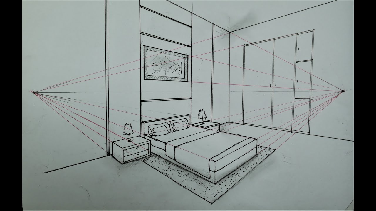 How To Draw a Simple Bedroom in Two Point Perspective