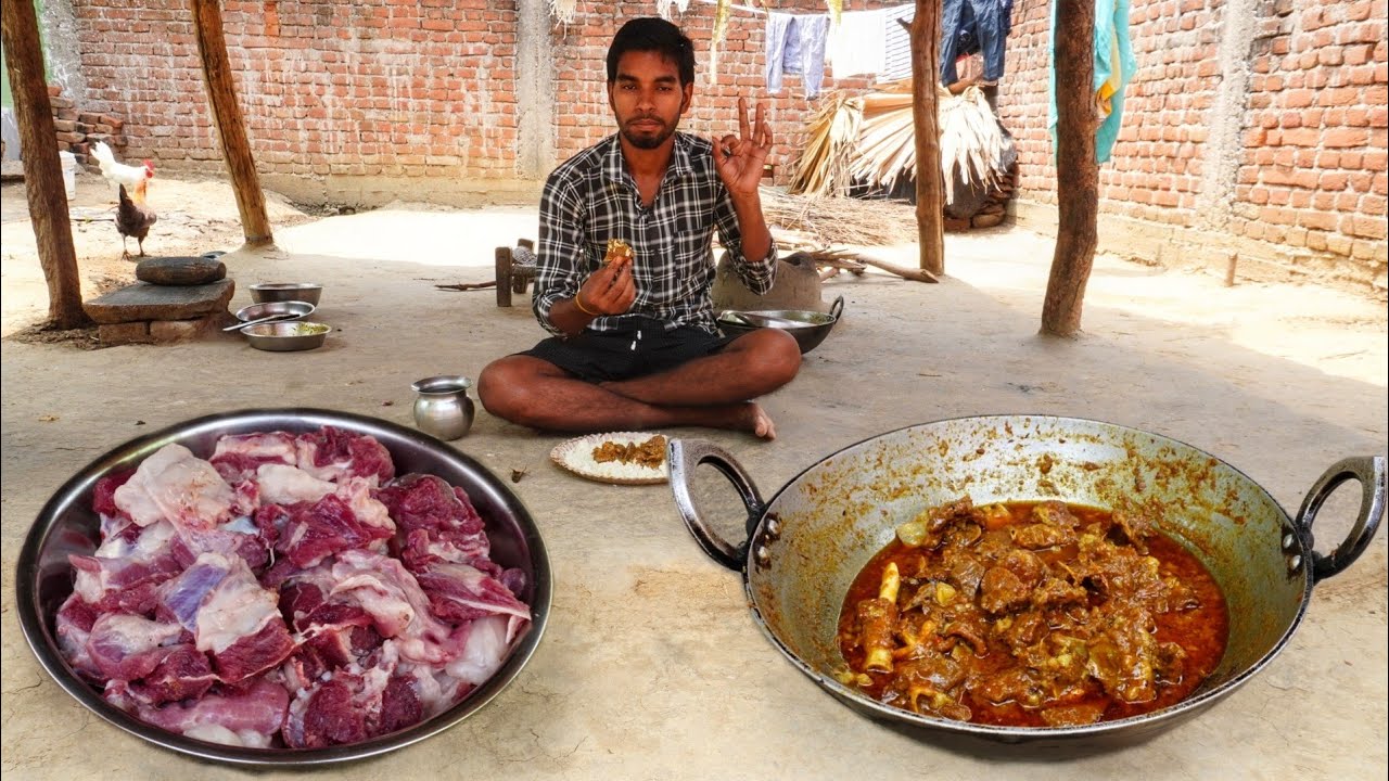 Dhaba style mutton curry recipe cooking and eating in village | how to bihari mutton gravy recipe