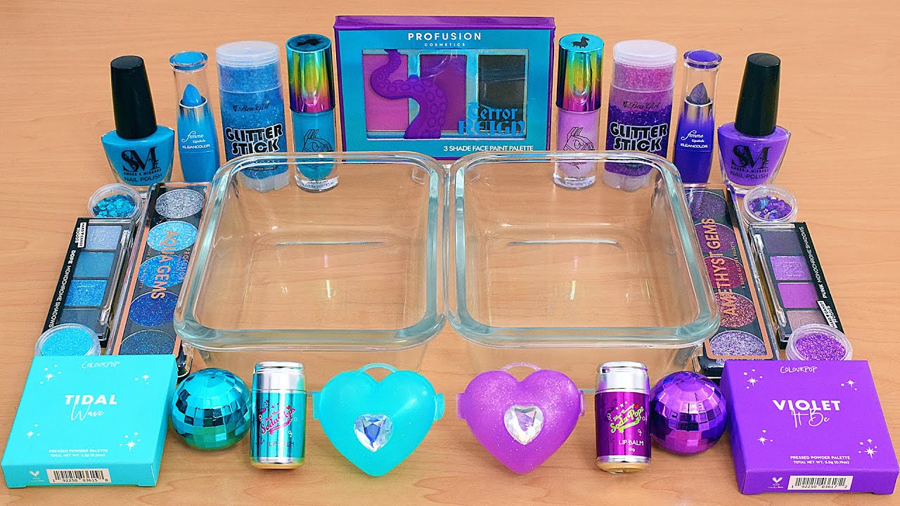 Purple vs Teal - Mixing Makeup Eyeshadow Into Slime ASMR