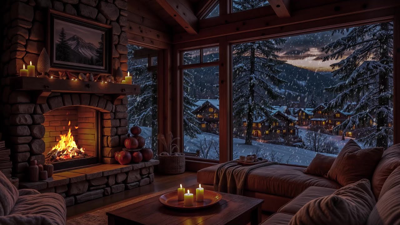 Cozy Fireplace ASMR ❄️ Snowfall, Warm Cabin Ambience & Mountain Village Lights for Deep Sleep