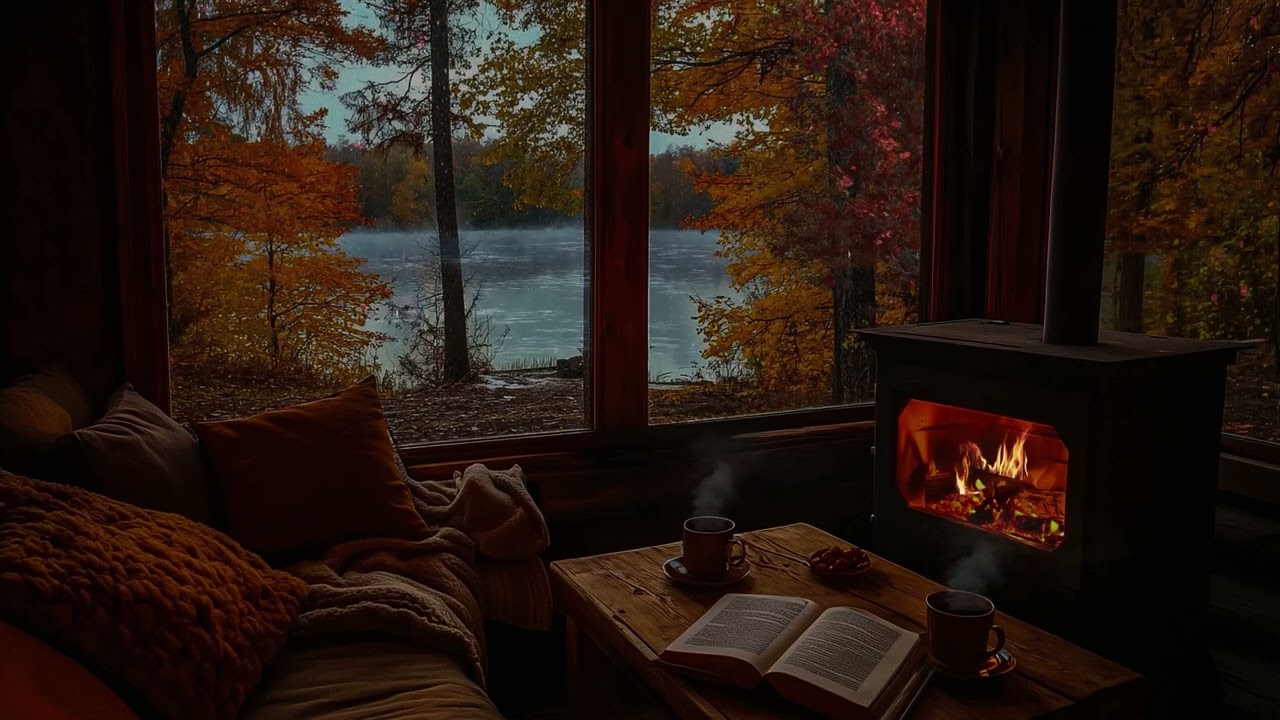 [NO ADS] Cabin by the Lake | Rain Sounds from a Lakeside Cabin Window | Fireplace & Autumn Ambience🍂