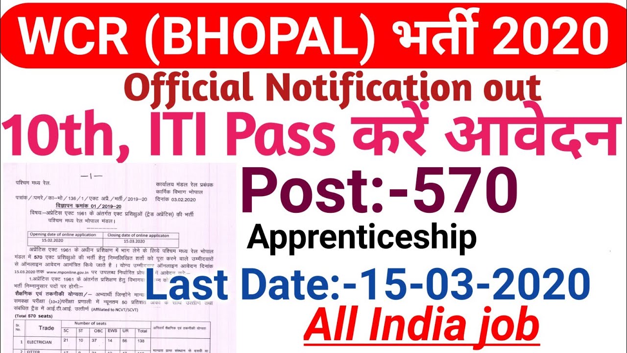 WCR BHOPAL APPRENTICESHIP RECRUITMENT 2020| WEST CENTRAL RAILWAY 2020|#railwayrecruitment2020