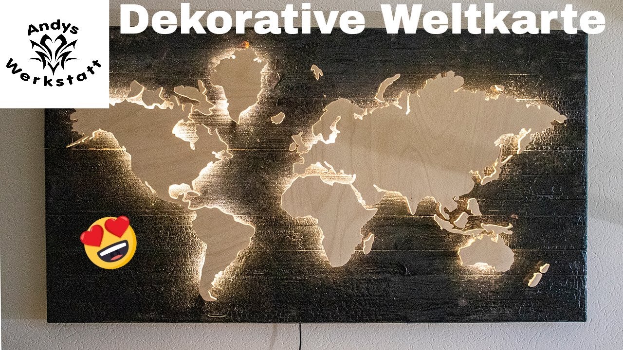 DIY Weltkarte auf verbranntem Holz mit LED