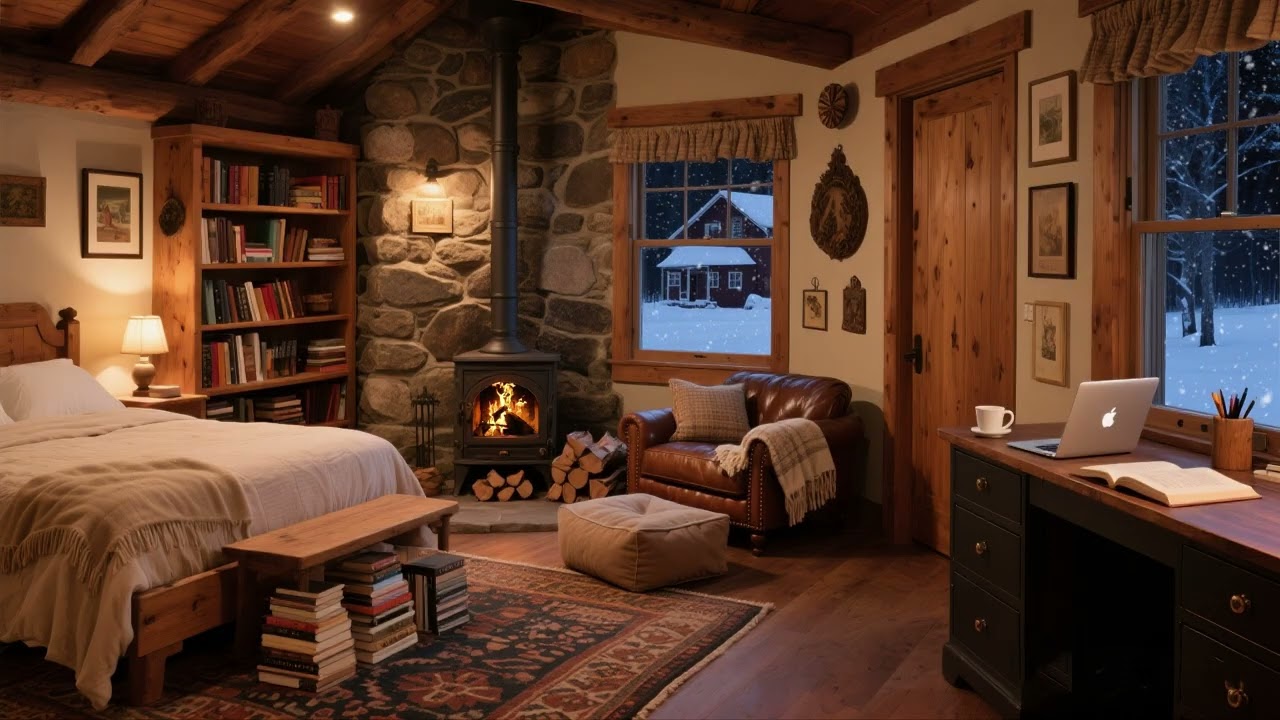 Winter Sleep Aid: Crackling Fireplace & Blizzard in Snowy Cabin for Peaceful Rest